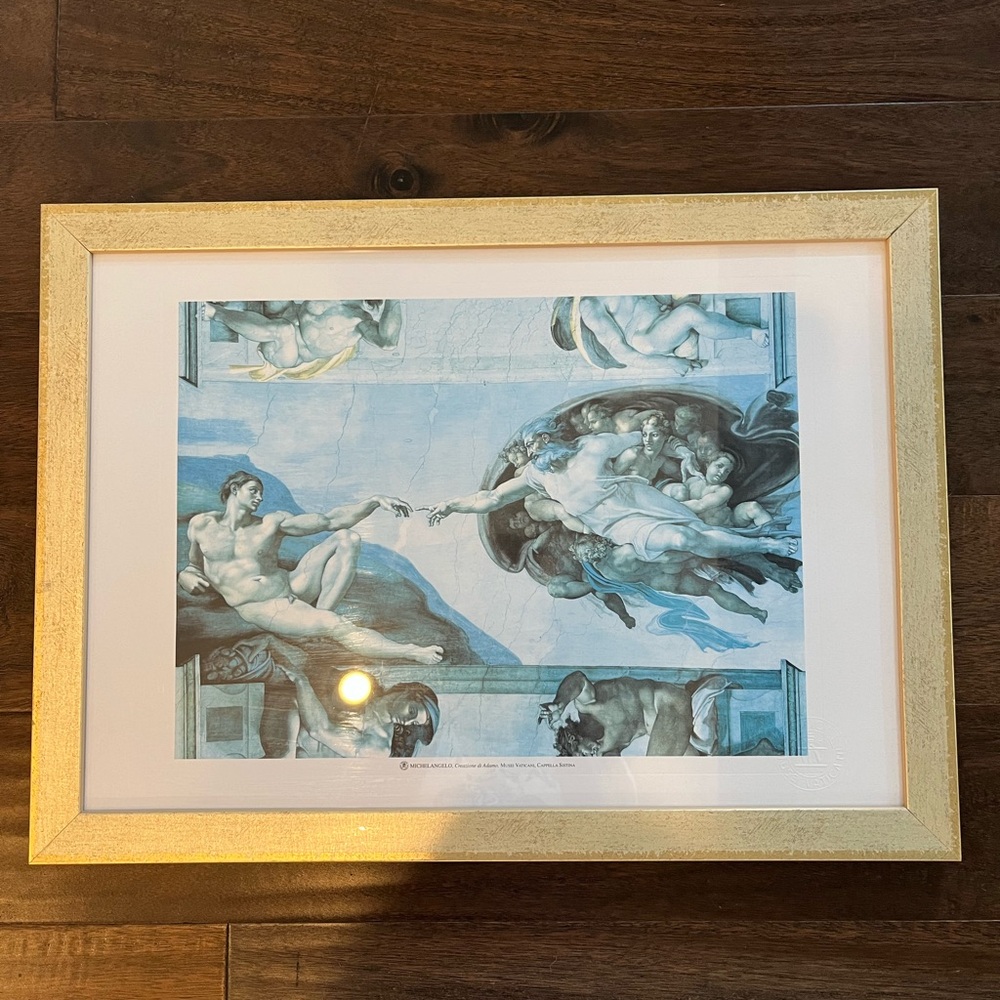 LA CREAZIONE by Michelangelo print. Framed in matte gold.